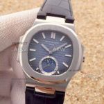 Perfect Replica Patek Philippe Nautilus Moonphase Blue Dial Black Leather Band Watch 40mm